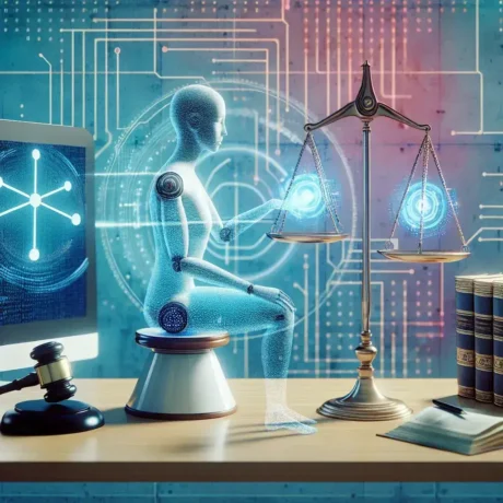 "Assistente virtual em ação: Representação gráfica de um software de inteligência artificial ajudando profissionais do direito a gerenciar casos jurídicos, destacando a transformação digital no suporte jurídico."