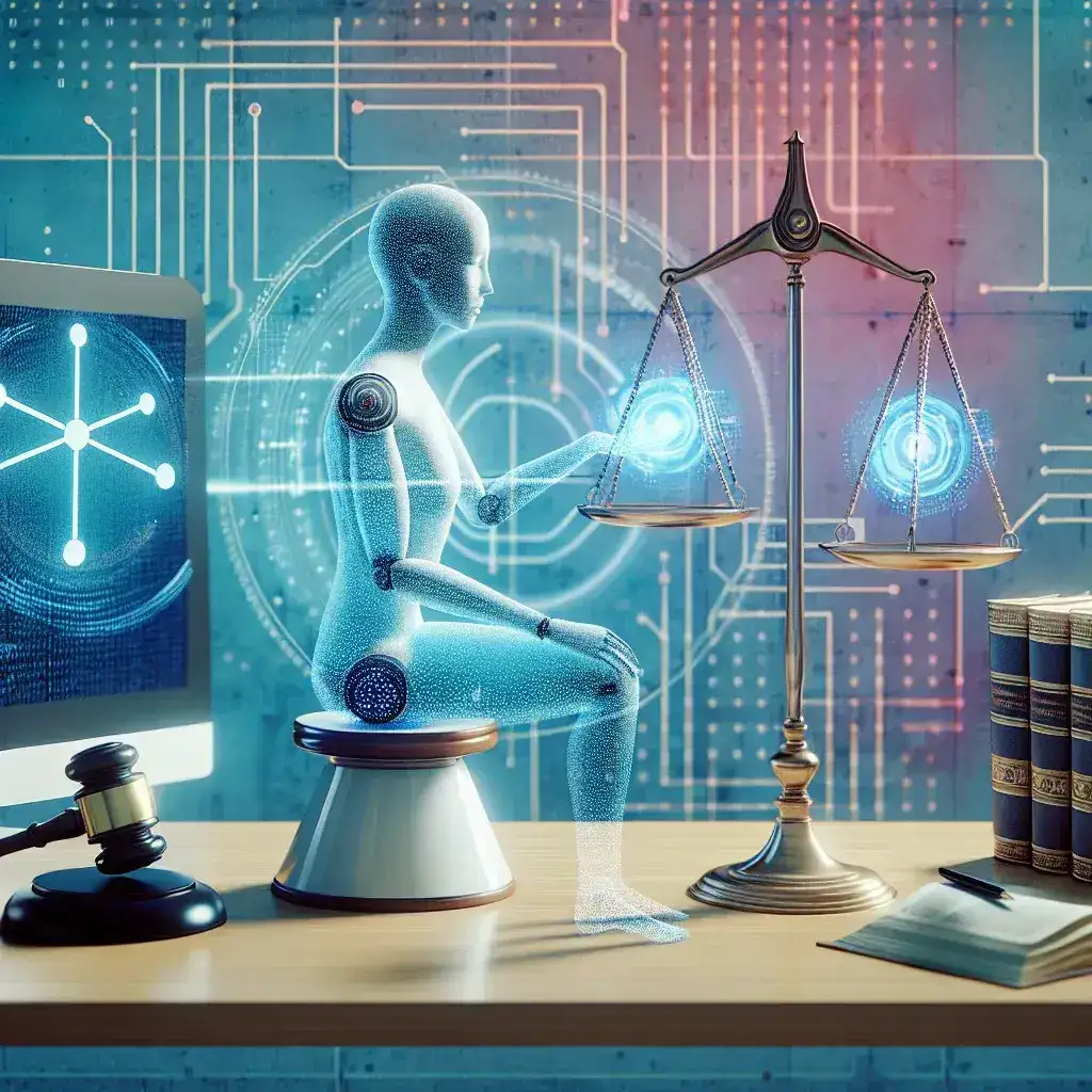 "Assistente virtual em ação: Representação gráfica de um software de inteligência artificial ajudando profissionais do direito a gerenciar casos jurídicos, destacando a transformação digital no suporte jurídico."
