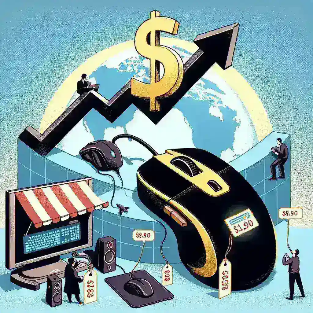 "Imagem ilustrativa mostrando diversos periféricos gamer importados, como teclados, mouses e fones de ouvido, com destaque para a alta do dólar e seu impacto nos preços desses produtos eletrônicos."
