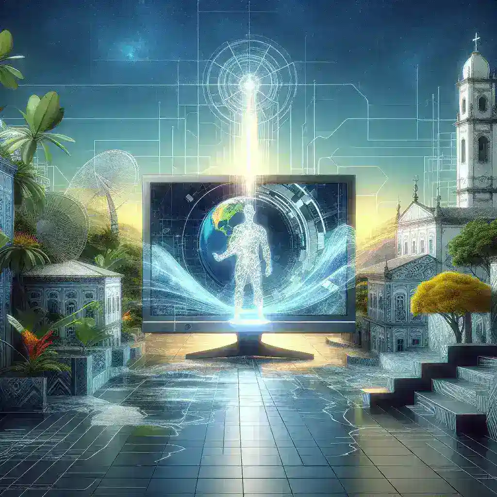 "Imagem ilustrativa da implementação do ATSC 3.0 no Brasil, destacando a tecnologia de TV digital avançada, com gráficos e equipamentos modernos, simbolizando a evolução da transmissão de mídia no país."