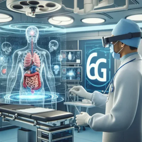 Alt text: "Ilustração de 6G habilitando cirurgias remotas com precisão milimétrica, destacando conexões de alta velocidade e tecnologia médica avançada."