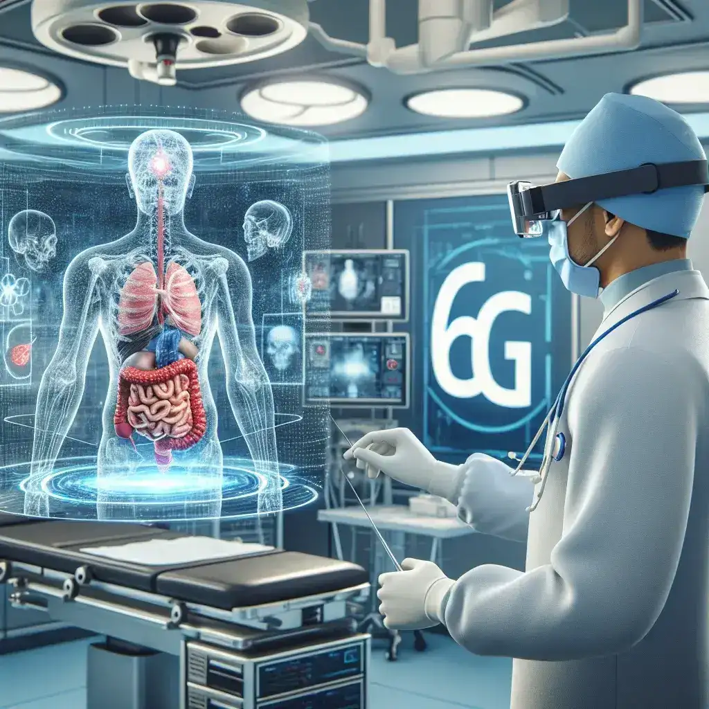Alt text: "Ilustração de 6G habilitando cirurgias remotas com precisão milimétrica, destacando conexões de alta velocidade e tecnologia médica avançada."